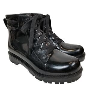 Circus by Sam Edelman Women's Black Lace Up Lug Sole Shiny Rubber Rain Boots 9